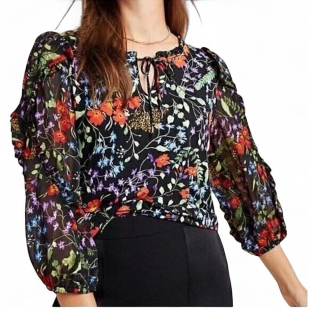Anthropologie Maeve Jacquin Floral Ruffle Peasant Blouse | Size M | Boho Chic - Picture 2 of 7